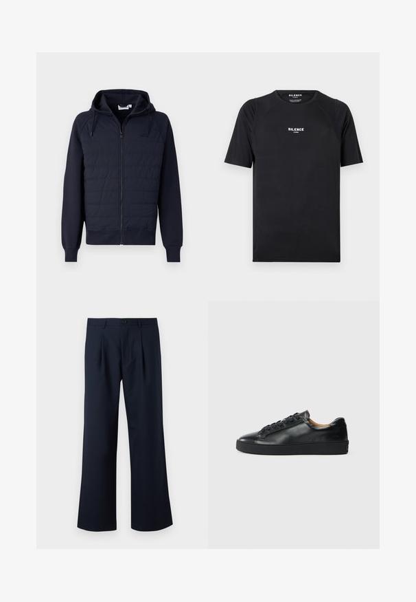 Tmavomodrá mikina na zips z mäkkej tkaniny, s prešívaným predným dielom, kapucňou na šnúrku a rebrovanými manžetami a lemom. Minimalistické logo na hrudi.; Čierne tričko s krátkym rukávom vyrobené z hladkej látky, s okrúhlym výstrihom a bielym logom "SILENCE" na hrudi.; Námornícky modré nohavice s prispôsobeným strihom, širokým strihom, prednými záhybmi a jedným gombíkom na zapínanie v páse. Hladká textúra látky.; Čierne kožené tenisky s hladkým povrchom, okrúhlou špičkou a šnúrkami. Majú hrubú gumenú podrážku a minimálne značkové detaily.