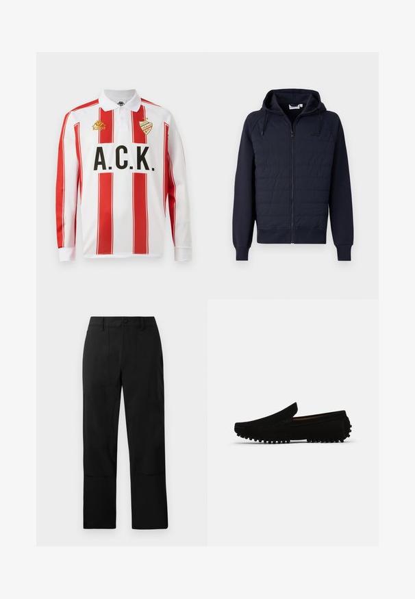 Marineblå lynlåshættetrøje lavet af blødt stof, med quiltet forside, snøre i hætten og ribkant ved ærmer og bund. Minimalistisk logo på brystet.; Langærmet polo shirt, hvid med røde lodrette striber, med sort "A.C.K." skrift og guld "Kappa" logo på venstre bryst.; Sorte bukser lavet af et glat stof, med flad front, to forlommer og lige ben med diskrete syninger detaljer.; Sorte ruskinds loafers med en let hævet, tekstureret sål og syning langs kanterne, der har et klassisk slip-on design.