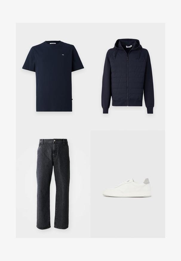 Marineblå lynlåshættetrøje lavet af blødt stof, med quiltet forside, snøre i hætten og ribkant ved ærmer og bund. Minimalistisk logo på brystet.; Mørkeblå bomulds t-shirt med korte ærmer, rund hals, subtil "WW" logo på brystet og lige visk. Glat tekstur, afslappet design.; Sorte denim jeans med lige snit, med knaplukning, fem lommer og subtil tekstur. Klassisk design uden fremtrædende mønstre.; Hvid lavtop-sneaker med gråt hælflig, hvide snørebånd og tekstureret sål, vist på en ensfarvet lys baggrund.