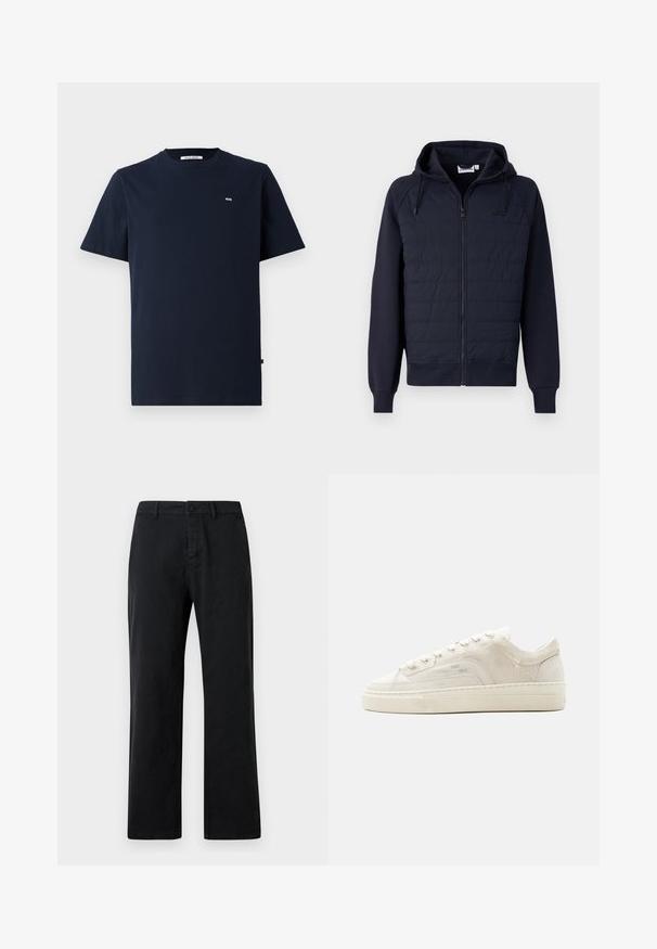 Marineblauer Kapuzenpullover mit Reißverschluss aus weichem Stoff, verfügt über eine gesteppte Vorderseite, eine Kapuze mit Kordelzug sowie gerippte Bündchen und Saum. Minimalistisches Logo auf der Brust.; Dunkelblauses Baumwoll-T-Shirt mit kurzen Ärmeln, Rundhalsausschnitt, subtilen "WW"-Logo auf der Brust und geradem Saum. Glatte Textur, lässiges Design.; Schwarze Baumwollhose mit geradem Schnitt, ausgestattet mit einer einfachen vorderen Knopfverschluss und standardmäßigen Gürtelschlaufen. Glatte Textur.; Weißer Sneaker mit niedrigem Schaft, Schnürung, strukturiertem Stoffobermaterial und dicker Gummisohle, von der Außenseite auf einfachem Hintergrund gezeigt.