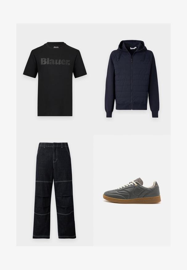 Hoodie zippé marine en tissu doux, avec un devant matelassé, une capuche à cordon et des poignets et ourlet côtelés. Logo minimaliste sur la poitrine.; T-shirt noir à manches courtes avec l'inscription "Blauer." en grandes lettres gris foncé sur la poitrine et un col rond.; Pantalons en denim foncé à jambes larges et taille haute, dotés de coutures contrastantes et de poches superposées sur les cuisses.; Baskets en cuir gris foncé avec un bout arrondi, lacets blancs, semelle en caoutchouc beige et légers accents en tissu gris au niveau du col. Détail du logo doré.