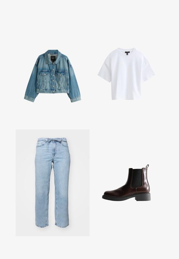 Lichtblauwe spijkerjasje met knoopsluiting, twee borstflappen met klep, twee zijzakken met split en een korte, vierkante pasvorm.; Effen witte cropped T-shirt met korte mouwen, een ronde hals en een zwart merkembleem aan de binnenkant van de kraag.; Lichtblauwe denim jeans met een relaxed recht model, vijf zakken en een tailleband met lussen voor een riem. Verzorgde afwerking met subtiele vervaging.; Bruine leren enkelboot met elastische zijpanelen, ronde neus en een gestructureerde zwarte rubberen zool. Heeft contrasterende stiksels en een lusje aan de achterkant.