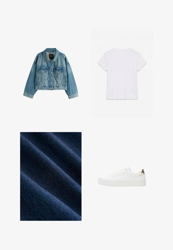 Lichtblauwe spijkerjasje met knoopsluiting, twee borstflappen met klep, twee zijzakken met split en een korte, vierkante pasvorm.; Effen wit katoenen T-shirt met korte mouwen en ronde hals, plat gelegd op een witte achtergrond.; Donkerblauwe denimstof met een gladde textuur, met zichtbare diagonale weefpatronen en subtiele variaties in kleur en glans.; Witte sneaker van glad synthetisch materiaal, met een afgeronde neus, vetersluiting aan de voorkant en gouden accenten op de hiel. Dikke witte zool.
