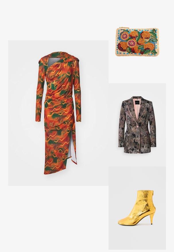 Blazer met bloemmotief in zwarte stof, uitgevoerd met zachte roze accenten, een notched revers, één knoopsluiting en twee voorkantzakken.; Langd срук kl indefuurin ra oran, groen en geel abstract patroon. Stof is glad met gedrapeerde details en een zijopening.; Gouden enkellaarsje met een glanzende, gekreukte textuur, puntige neus en een slanke hak. Enkellang ontwerp met een ritssluiting aan de achterkant.; Rechthoekige kralenclutch met een kleurrijk patroon van sinaasappels, groene bladeren en blauwe accenten op een beige achtergrond.