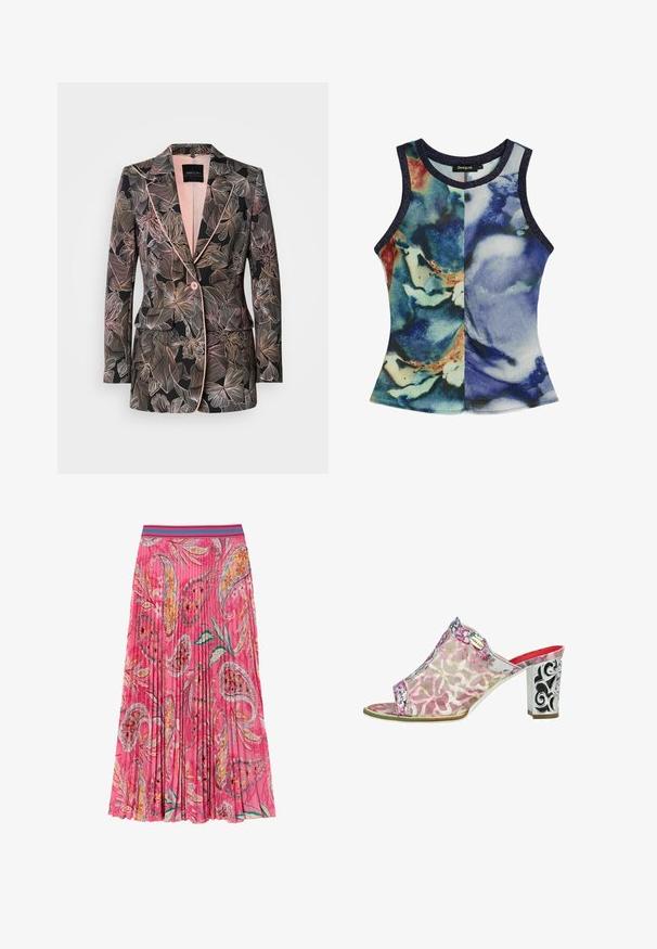 Blazer med blomsterprint i sort stof, med bløde pink accenter, notch revers, enkelt knaplukning og to forlommer.; Ærmeløs damesinglet med rund hals og abstrakt blå, grøn og beige akvarelprint, med mørke kanter.; Lyserød plisseret nederdel med blomster- og paisleymønstre, med en kontrasterende turkise stribet talje. Lavet af letvægtsstof.; Åben-toe dames mule med hæl, med pink blomster-mesh overdel og sølvfarvet blokhæl med sort ornamentalt rulledekor.