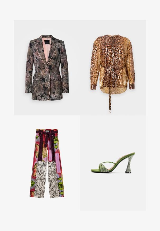 Blazer con estampado floral en tela negra, con detalles en rosa suave, solapa con muesca, cierre de un botón y dos bolsillos delanteros.; Rabanne Blusa - hairy/brown/black; Pantalones de pierna ancha con un patchwork colorido de estampados florales y abstractos, y un cinturón de tela a juego atado a la cintura.; Sandalia abierta de satén verde con tiras entrecruzadas, adornada con strass. Presenta un tacón alto y arquitectónico con un acabado texturizado.