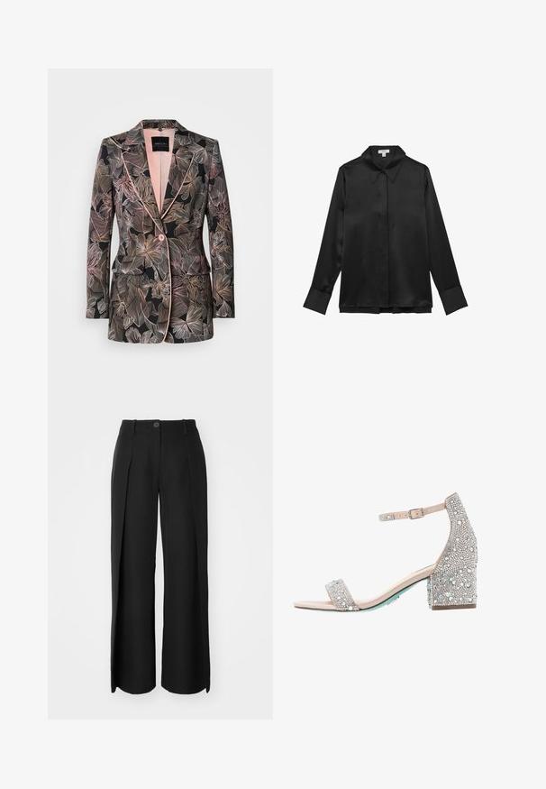 Blazer con estampado floral en tela negra, con detalles en rosa suave, solapa con muesca, cierre de un botón y dos bolsillos delanteros.; Camisa negra de satén de manga larga con cuello puntiagudo, botón frontal y puños anchos. Textura suave y diseño elegante.; Pantalones de pierna ancha negros, hechos de tela suave, que cuentan con pliegues frontales, un cierre de un botón y lazos para cinturón.; Blue by Betsey Johnson MARI - Sandalias - champagne