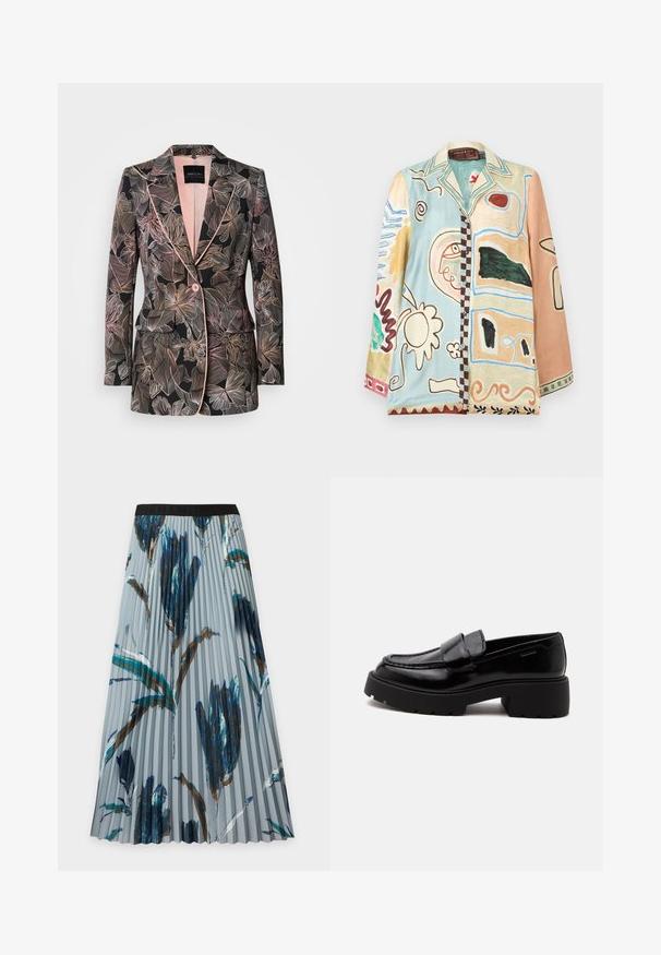 Blazer à motif floral en tissu noir, avec des accents rose pâle, un revers cranté, une fermeture à un bouton et deux poches avant.; Chemise à manches longues avec boutons, présentant des motifs abstraits colorés incluant des visages, des fleurs, des formes géométriques et des lignes ondulées sur un fond pastel bleu, beige et pêche.; Jupe midi plissée avec ceinture élastique noire et grands motifs floraux abstraits bleu, sarcelle et marron sur tissu gris clair.; Mocassin en cuir noir brillant avec semelle épaisse, petit talon carré, couture latérale et large bride sur le dessus.