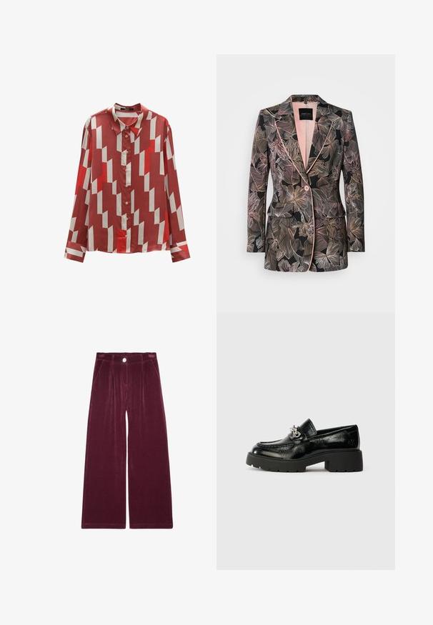 Blazer mit Blumenmuster aus schwarzem Stoff, mit zarten rosa Akzenten, Revers mit Kerbe, Ein-Knopf-Verschluss und zwei Vorder- taschen.; Rote und cremefarbene Bluse mit langen Ärmeln, geometrischem Muster, Knopfleiste und Kragen. Glattes Material mit glänzender Textur.; Burgunderfarbene weite Cordhosen mit vertikalen Rillen, die einen vorderen Knopf und zwei seitliche Taschen aufweisen. Weicher Stoff mit einer taillierten Passform.; Schwarze Lederloafer mit glänzender Oberfläche, ausgestattet mit silbernem Hardware-Detail und robuster Gummisohle, entworfen für einen modernen Look.