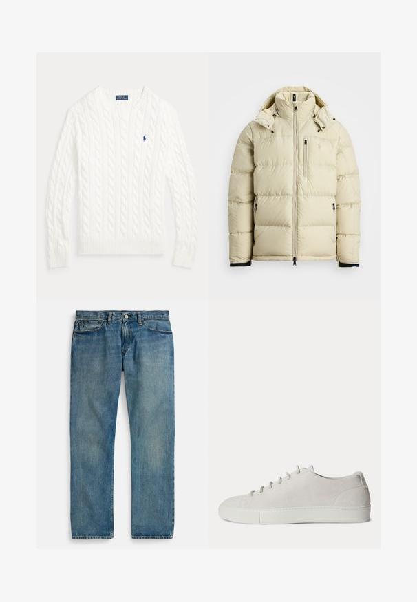 Veste matelassée beige clair avec un col haut, capuche amovible, fermeture éclair sur le devant et deux poches latérales. Présente des panneaux cousus et un logo.; Pull en coton blanc à maille torsadée, col rond, manches longues, poignets et ourlet côtelés, avec petit logo Polo Ralph Lauren bleu sur la poitrine.; Jean en denim bleu clair avec une coupe droite, comprenant cinq poches, une fermeture à bouton, et un délavage subtil pour la texture.; Baskets basses blanches en suède avec lacets à l’avant et semelle en caoutchouc, design minimaliste.