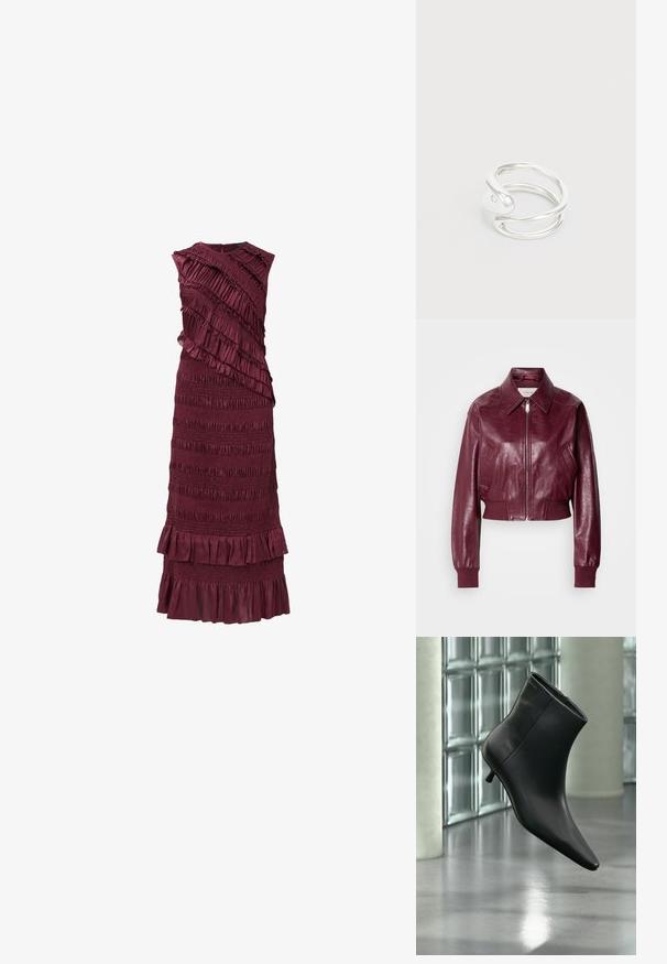 Calvin Klein Jeans CROPPED CRINKLE - Chaquetas bomber - deep rouge; Vestido sin mangas burdeos con volantes en capas y textura fruncida, que presenta un corsé ajustado y un dobladillo acampanado.; Botín negro de cuero con punta puntiaguda y tacón bajo estilo kitten, mostrado en ángulo sobre un suelo pulido y con una pared de bloques de vidrio de fondo.; Anillo de metal plateado con un diseño retorcido y un acabado suave. El anillo presenta una forma abierta con un acento en espiral y una apariencia minimalista.