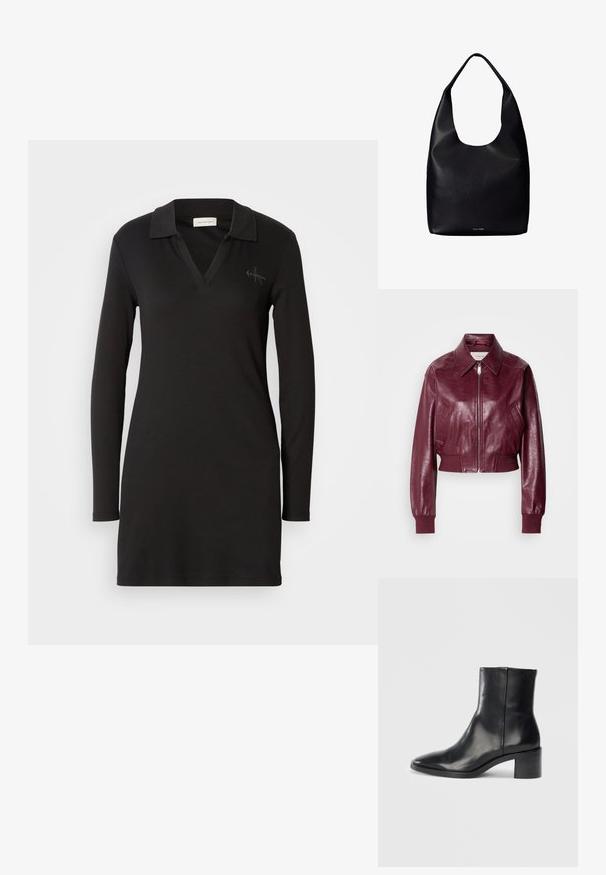 Calvin Klein Jeans CROPPED CRINKLE - Bomberjacks - deep rouge; Zwarte lange mouwen polo jurk met een V-hals, geribbelde textuur en een subtiel logo detail op de linkerborst. Zachte katoenmix.; Zwarte leren enkellaars met een puntige neus, lage blokhak en subtiele reliëflogo. Gladde textuur met een strak ontwerp en minimale stiksels.; Zwarte leren totebag met een enkele brede schouderriem en een subtiel Calvin Klein-logo onderaan het midden.