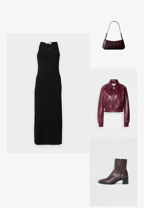 Calvin Klein Jeans CROPPED CRINKLE - Bombera - deep rouge; Čierne bezrukávové maxi šaty z hladkého materiálu s vysokým výstrihom a jednoduchým strihom. Jemné logo na hrudi.; Tmavohnedé kožené členkové topánky so štvorcovou špičkou, blokovým podpätkom a jemne embosovaným logom blízko vrchu na jednobodovom bielom pozadí.; Tmavo bordová kožená kabelka s úzkym čiernym ramenným popruhom a malým zlatým logom "cK" v strede vpredu.
