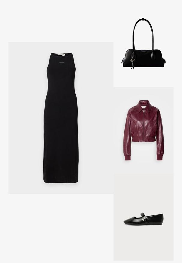 Calvin Klein Jeans CROPPED CRINKLE - Chaquetas bomber - deep rouge; Vestido largo sin mangas de color negro en un tejido suave, con un escote alto y una silueta sencilla. Marca sutil en el pecho.; Zapato plano Mary Jane de cuero negro con punta redondeada y hebilla plateada sobre un fondo liso.; Bolso de mano negro de cuero Calvin Klein con asas largas, una etiqueta con el logo frontal y un colgante geométrico plateado que cuelga de una de las asas.