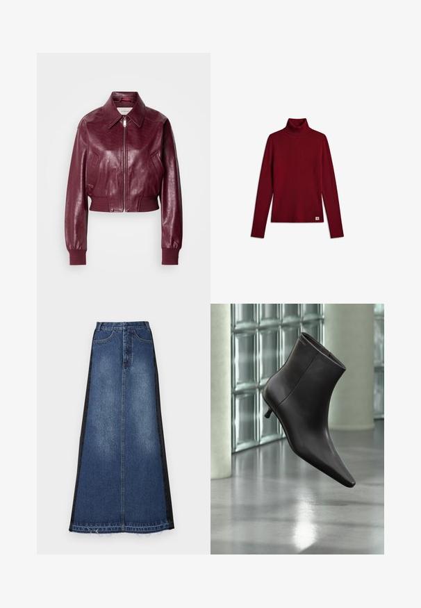 Calvin Klein Jeans CROPPED CRINKLE - Bomberjakke - deep rouge; Langærmet mørkerød ribstrikket rulnecktrøje med et lille hvidt logomærke i bunden på en hvid baggrund.; Maxi nederdel i denim med en blå hovedfarve og sorte sidepaneler, lige pasform, frynset kant og klassisk femlomme-design.; Sort læderankelstøvle med spids tå og lille hæl vist mod en væg af glasblokke og poleret gulv baggrund.