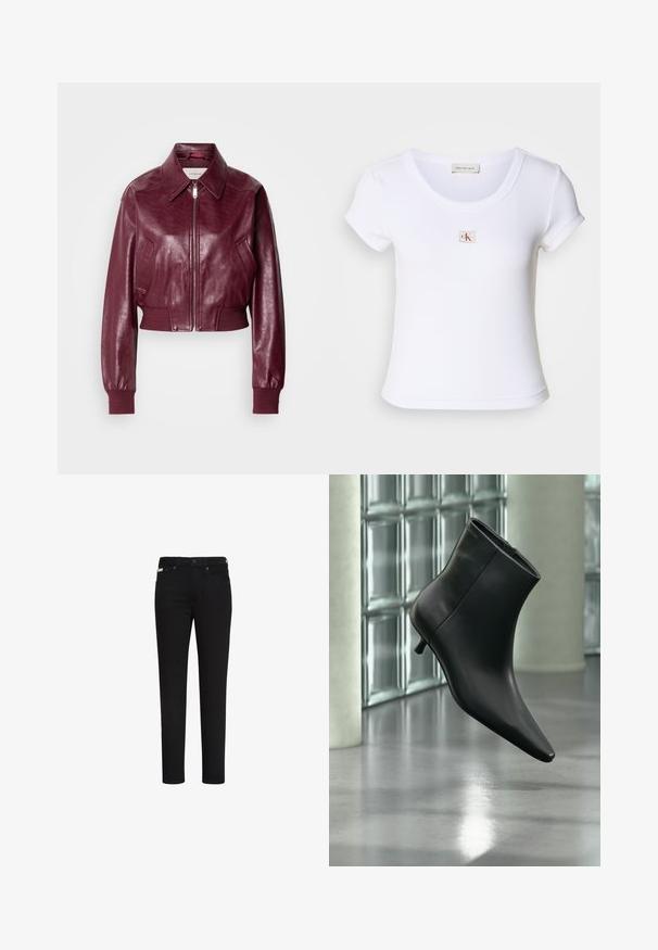 Calvin Klein Jeans CROPPED CRINKLE - Bombera - deep rouge; Biela priliehavá tričko vyrobené z rebrovanej látky, s okrúhlym výstrihom a krátkymi rukávmi. Na hrudníku je vyšitý malý logo CK.; Čierne slim fit rifle s predným gombíkom a zipsom, s prednými a zadnými vreckami a malou etiketu na pravom prednom vrecku.; Čierna kožená členková čižma so špicatou špičkou a nízkym kitten podpätkom, zobrazená šikmo na pozadí leštenej podlahy a steny zo sklenených blokov.