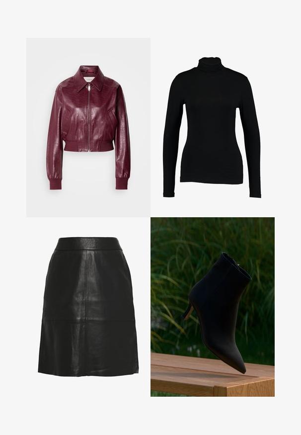 Calvin Klein Jeans CROPPED CRINKLE - Bomberjacks - deep rouge; Zwart lange mouw turtleneck top van gladde stof, met een aansluitend ontwerp en hoge hals, geschikt voor layering of als standalone kleding.; Zwarte A-lijn rok van imitatieleren met hoge taille en zichtbare naaddetails aan de voorkant en bij de zoom.; Zwart enkellaarsje met puntige neus en kittenhak zwevend boven een houten bankje buiten met een achtergrond van groene planten.
