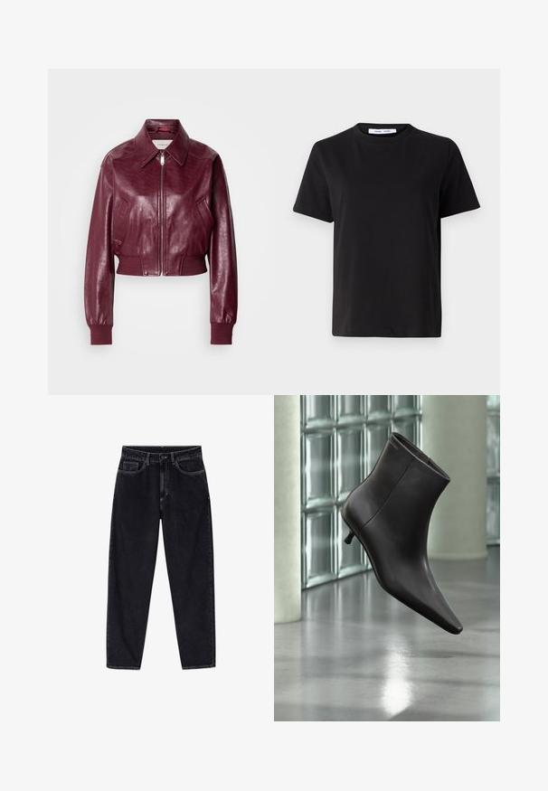 Calvin Klein Jeans CROPPED CRINKLE - Bombera - deep rouge; Čierne tričko s krátkym rukávom vyrobené z mäkkej bavlny, s okrúhlym výstrihom, uvoľneným strihom a hladkou štruktúrou. Žiadne viditeľné vzory ani grafika.; Čierne džínsové nohavice s vysokým pásom a rovnými nohavicami, s predným gombíkom, zipsom, očkami na opasok a piatimi vreckami, zobrazené na bielom pozadí.; Čierna kožená členková obuv s ostrou špičkou a nízkym podpätkom, zobrazená na pozadí steny zo sklenených blokov a leštenej podlahy.