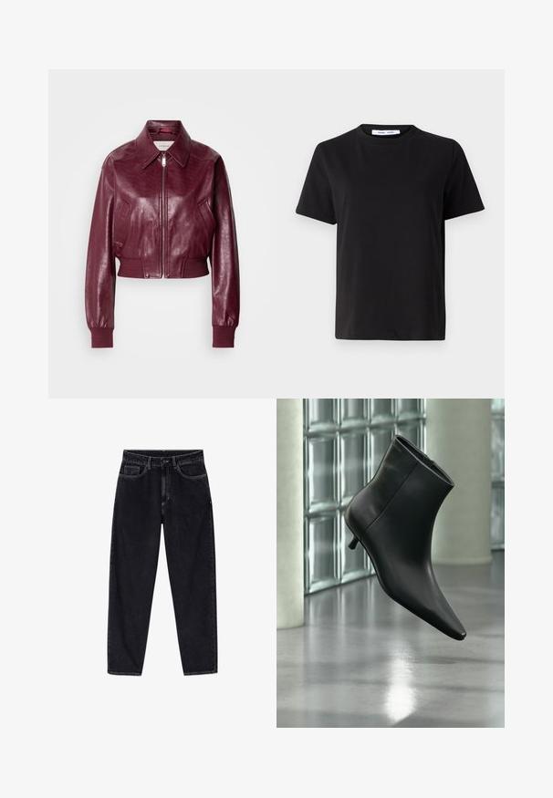Calvin Klein Jeans CROPPED CRINKLE - Bombera - deep rouge; Čierne tričko s krátkym rukávom vyrobené z mäkkej bavlny, s okrúhlym výstrihom, uvoľneným strihom a hladkou štruktúrou. Žiadne viditeľné vzory ani grafika.; Čierne džínsové nohavice s vysokým pásom a rovnými nohavicami, s predným gombíkom, zipsom, očkami na opasok a piatimi vreckami, zobrazené na bielom pozadí.; Čierna kožená členková čižma so špicatou špičkou a nízkym kitten podpätkom, zobrazená šikmo na pozadí leštenej podlahy a steny zo sklenených blokov.