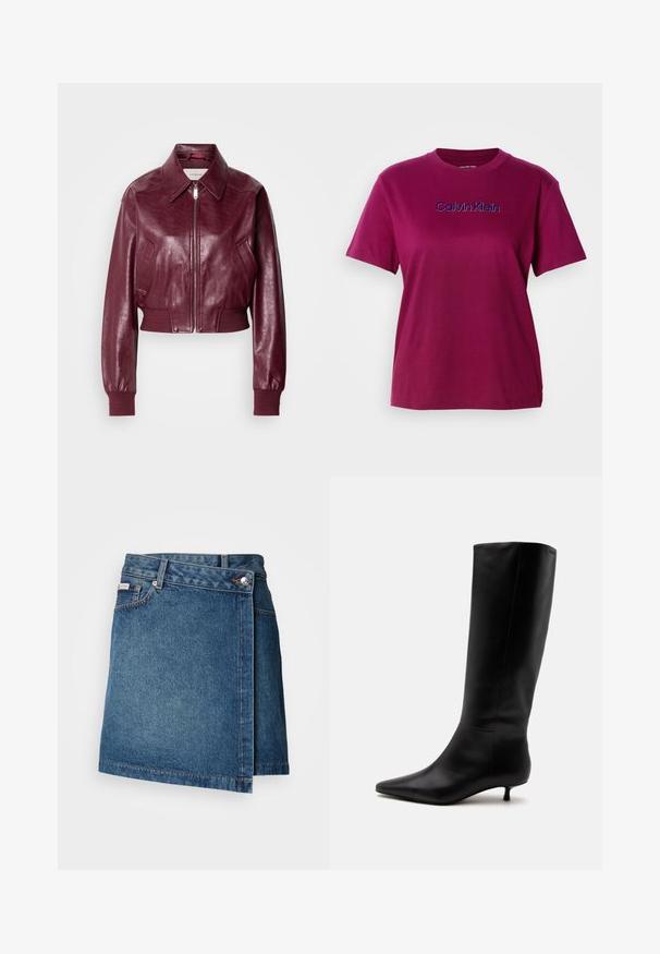 Calvin Klein Jeans CROPPED CRINKLE - Bomberjakke - deep rouge; Magenta bomulds t-shirt med korte ærmer og rund halsudskæring, med "Calvin Klein" broderet i blå over brystet.; Denim nederdel i mellemblå med wrap-design, der har en knap- og lynlåslukning, samt synlig stikning langs kanten.; Sort læder knæhøj støvle med spids snude og lav kittenhæl mod en ensfarvet lys baggrund.