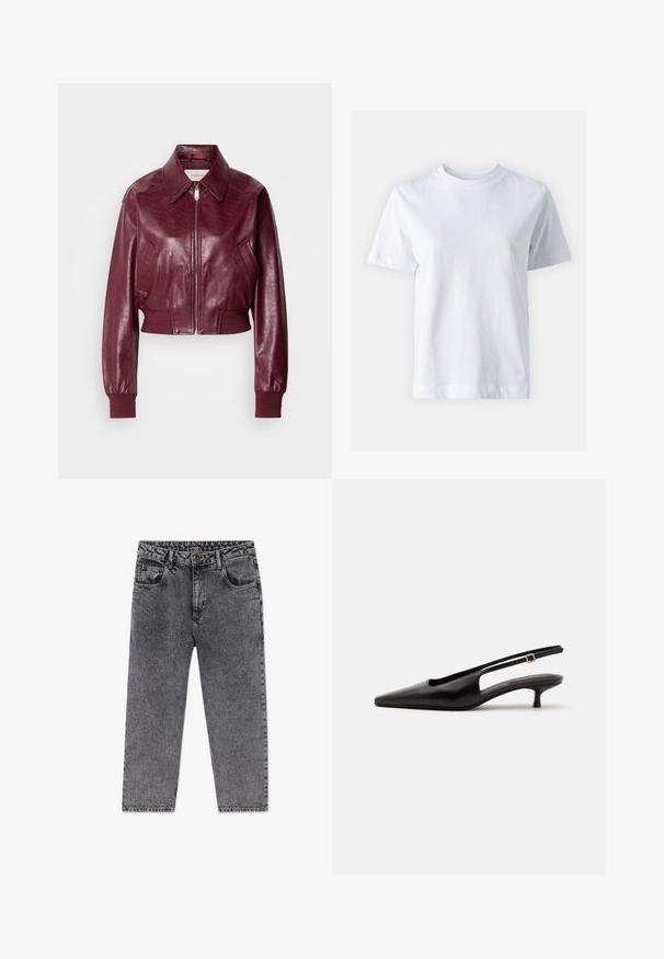 Calvin Klein Jeans CROPPED CRINKLE - Bombera - deep rouge; Biely bavlnený tričko s okrúhlym výstrihom, krátkymi rukávmi, rovný strih a hladkou textúrou. Bez vzorov alebo ozdôb.; Sivé rifle s vysokým pásom, s efektom acid wash, predným zapínaním na gombík a zips, pútkami na opasok a dizajnom s piatimi vreckami, položené na rovnej ploche.; Čierna kožená slingback topánka s ostrou špičkou a nízkym kitten opätkom na jednoduchom svetlom pozadí.