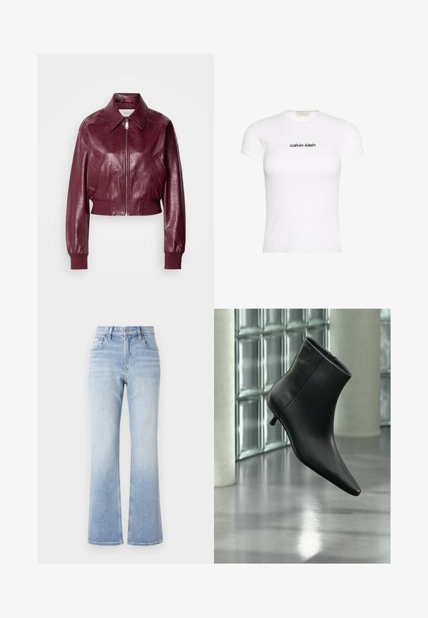 Calvin Klein Jeans CROPPED CRINKLE - Bombera - deep rouge; Biele priliehavé tričko s krátkym rukávom s čiernym vyšívaným logom "calvin klein" na hrudi, s okrúhlym výstrihom.; Svetlomodré rifľové elastické nohavice s vysokým pásom, kontrastným prešívaním, prednými vreckami a jemným vyblednutím smerom k lemovaniu.; Čierna kožená členková čižma so špicatou špičkou a nízkym kitten podpätkom, zobrazená šikmo na pozadí leštenej podlahy a steny zo sklenených blokov.