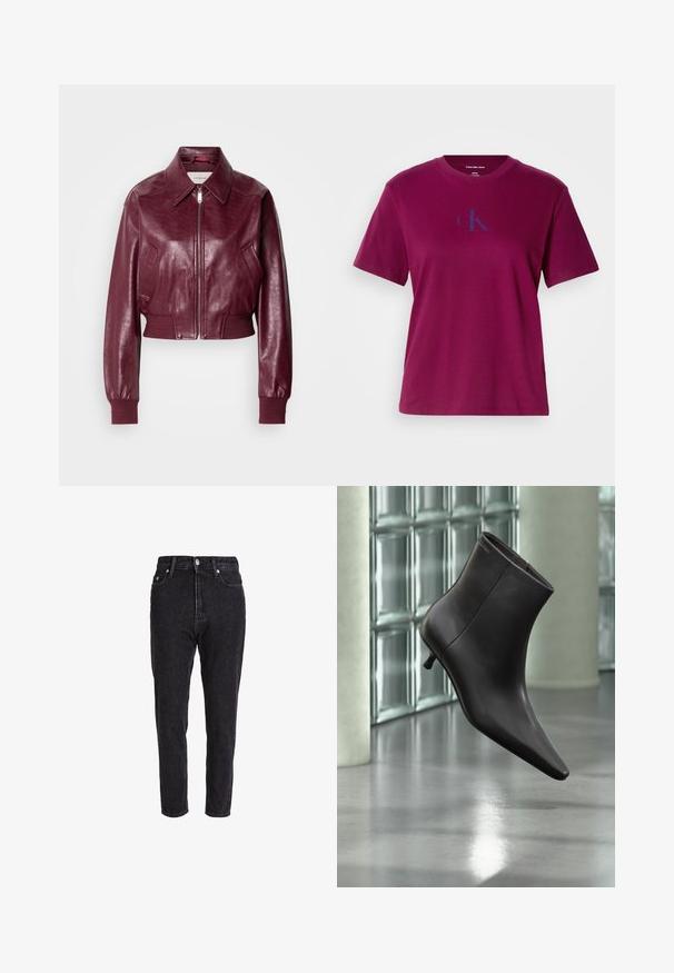 Calvin Klein Jeans CROPPED CRINKLE - Bombera - deep rouge; Magenta bavlnené tričko s okrúhlym výstrihom, krátkymi rukávmi a modrým logom na hrudi. Má voľný strih a hladkú textúru.; Čierne denimové džínsy s vysokým pásom, zúženými nohavicami a klasickým dizajnom s piatimi vreckami. Tkanina je mierne textúrovaná a pevná.; Čierna kožená členková obuv s ostrou špičkou a nízkym podpätkom, zobrazená na pozadí steny zo sklenených blokov a leštenej podlahy.