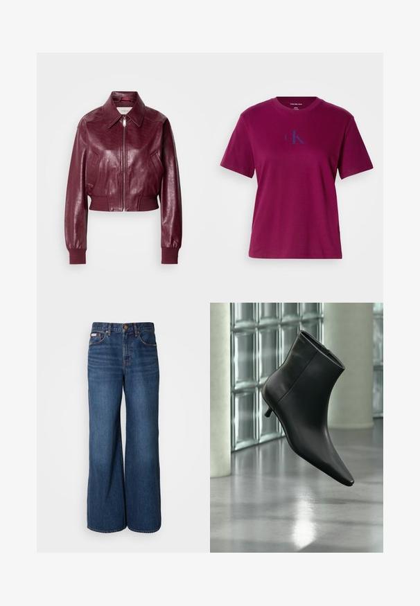 Calvin Klein Jeans CROPPED CRINKLE - Bomberjacke - deep rouge; Magenta Baumwoll-T-Shirt mit Rundhalsausschnitt, kurzen Ärmeln und einem blauen Logo auf der Brust. Hat eine lockere Passform und eine glatte Textur.; Weite Jeans aus dunkelblauem Denim. Merkmale sind eine hohe Taille, fünf Taschen und kontrastierender orangefarbener Stitching entlang der Nähte.; Schwarzer Leder-Stiefelette mit spitzer Zehenpartie und niedrigem Kitten-Heel, schräg dargestellt vor einem polierten Boden und einer Glasbausteinwand.