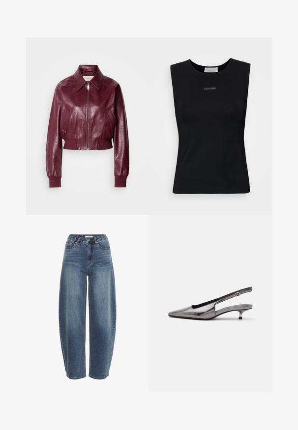 Calvin Klein Jeans CROPPED CRINKLE - Bombera - deep rouge; Čierny bezrukávový top vyrobený z hladkej látky. Má okrúhly výstrih a malé logo Calvin Klein na strede. Jednoduchý a priliehavý dizajn.; Vysoké, voľné modré džínsy vyrobené z denimu, s gombíkovým zapínaním, piatimi vreckami a jemným vyblednutím na látke.; Metalicky sivá slingback obuv so špicatou špičkou, nízkym kitten podpätkom a nastaviteľným remienkom na bielom pozadí.