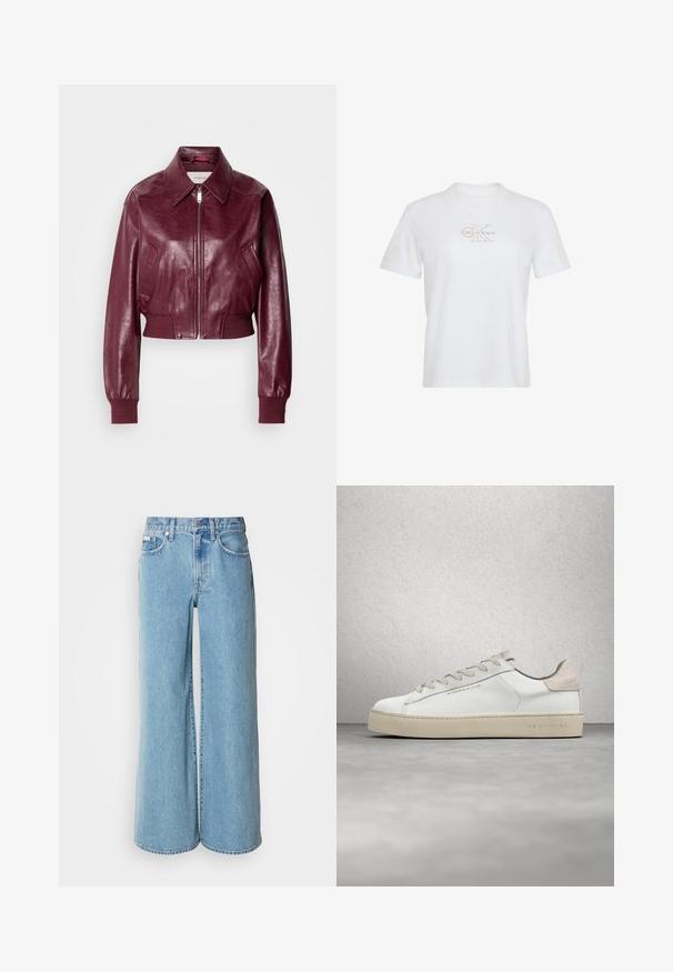 Calvin Klein Jeans CROPPED CRINKLE - Blouson Bomber - deep rouge; T-shirt blanc à manches courtes avec col rond et logo Calvin Klein beige clair centré sur la poitrine.; Jean large bleu clair en denim, avec une taille haute, un design à cinq poches et un léger dégradé sur le tissu.; Sneaker en cuir blanc avec une finition lisse, accents en suède beige, bout arrondi, design à lacets plats et semelle en caoutchouc texturée.