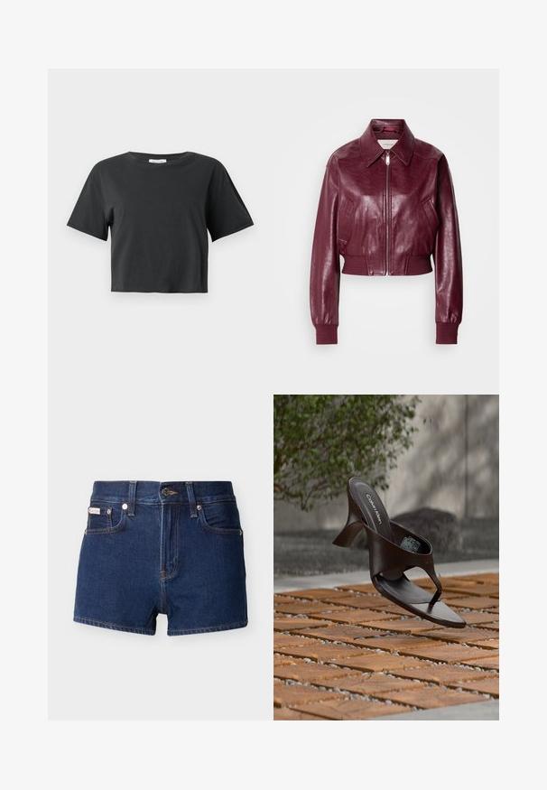 Calvin Klein Jeans CROPPED CRINKLE - Bomberjacke - deep rouge; Schwarzes, kurzes T-Shirt mit kurzen Ärmeln und rundem Halsausschnitt, präsentiert vor einem schlichten weißen Hintergrund.; Dunkelblaue Denim-Shorts mit vorderer Knopfleiste, Gürtelschlaufen und Taschen, präsentiert vor hellem Hintergrund.; Braune Calvin Klein Sandalette mit Absatz und Zehensteg, schwebend über einem Boden aus Holzfliesen und Kies im Freien, mit verschwommenem Grün und Stein im Hintergrund.