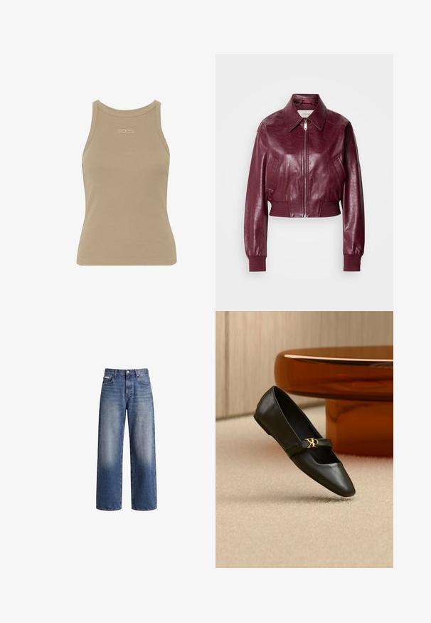 Calvin Klein Jeans CROPPED CRINKLE - Chaquetas bomber - deep rouge; Top sin mangas de canalé beige con escote redondo, diseño sin mangas y un pequeño logo en relieve en el centro delantera. Textura de tela suave.; Vaqueros de mezclilla azul de pierna ancha con lavado desgastado, cierre de botón y cremallera y bolsillos delanteros y traseros.; Zapato plano de cuero negro con puntera puntiaguda y logo dorado de CK en la correa, colocado sobre una alfombra beige cerca de una mesa redonda marrón ámbar.