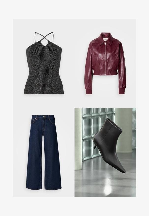Calvin Klein Jeans CROPPED CRINKLE - Bomberjakke - deep rouge; Sort ærmeløs top med en nøglehul-udskæring, der har krydsede stropper og en ribbet tekstur, fremhævet med metallisk tråd for glans.; Bredde ben mørkeblå denimbukser med høj talje, frontlommer og knaplukning. Har kontrastsyninger og en glat tekstur.; Sort læderankelstøvle med spids tå og lille hæl vist mod en væg af glasblokke og poleret gulv baggrund.