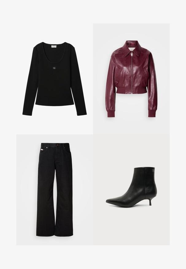 Calvin Klein Jeans CROPPED CRINKLE - Bomberjakke - deep rouge; Sort langærmet ribbet top med rund halsudskæring og lille Calvin Klein logo patch centreret på brystet.; Sorte breddebenede jeans lavet af bomuld. Har forlommer, en knaplukning og en klassisk denimtekstur. Minimalistisk design uden mønstre.; Sort læder ankelstøvle med spids tå og lav kitten hæl på lys baggrund, der viser yderside.