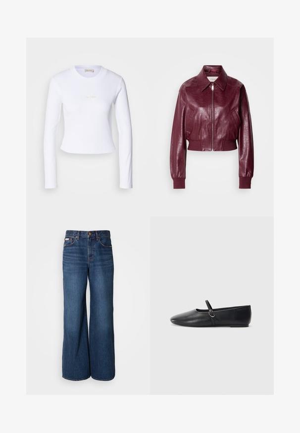 Calvin Klein Jeans CROPPED CRINKLE - Chaquetas bomber - deep rouge; Top corto de manga larga blanco con un sutil logo de Calvin Klein en el centro, mostrado sobre un fondo gris claro.; Vaqueros de pierna ancha hechos de denim azul oscuro. Incluyen una cintura alta, cinco bolsillos y costuras en contraste de color naranja a lo largo de las costuras.; Bailarinas de cuero negro con punta afilada, suela plana y una pequeña correa con detalle de hebilla plateada.