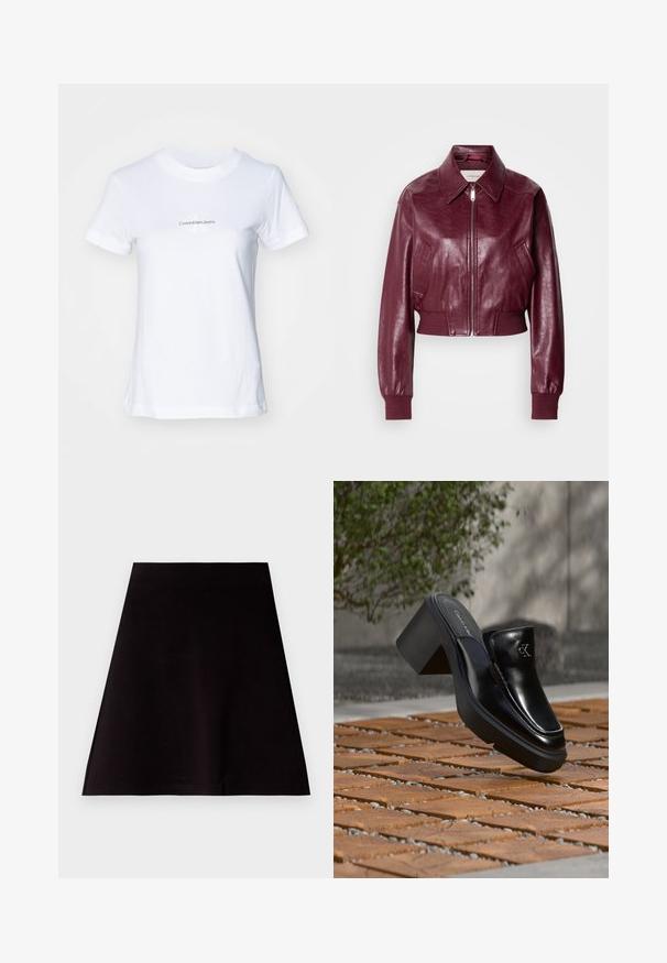 Calvin Klein Jeans CROPPED CRINKLE - Bomberjakke - deep rouge; Hvid bomulds t-shirt med rund hals, korte ærmer og grafisk tryk foran i blåt tekst: "CalvinKleinJeans" med et stiliseret "K" logo.; Sort A-linje mini nederdel lavet af glat stof med et rent, enkelt design. Den har en lige kant og ingen synlige mønstre eller udsmykninger.; Sort læder Calvin Klein slip-on mule med blokhæl, der hviler på trætøj udendørs nær en grøn plante og en grå væg.