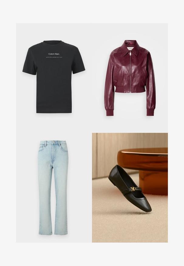 Calvin Klein Jeans CROPPED CRINKLE - Bombera - deep rouge; Čierne bavlnené tričko s okrúhlym výstrihom, kratkými rukávmi a bielou potlačou loga "Calvin Klein" a textu "Established 1968".; Svetlomodré rifle s vysokým pásom a rovnými nohavicami, s predným gombíkom, opaskovými očkami a klasickým päťvreckovým dizajnom na jednofarebnom pozadí.; Čierna kožená balerína s ostrou špičkou a zlatým logom CK na remienku, položená na béžovom koberci pri okrúhlom jantarovo hnedom stole.