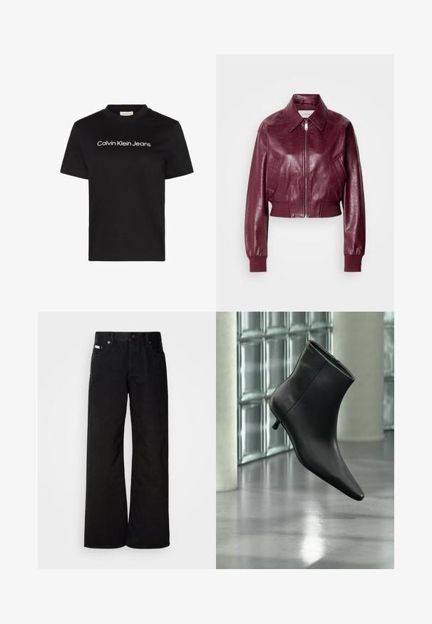 Calvin Klein Jeans CROPPED CRINKLE - Bomberjakke - deep rouge; Sort T-shirt med korte ærmer med hvid "Calvin Klein Jeans" tekst centreret på brystet og rund halsudskæring.; Sorte breddebenede jeans lavet af bomuld. Har forlommer, en knaplukning og en klassisk denimtekstur. Minimalistisk design uden mønstre.; Sort læderankelstøvle med spids tå og lav kitten-hæ, vist vinklet mod en poleret gulv- og glasblokvæg.