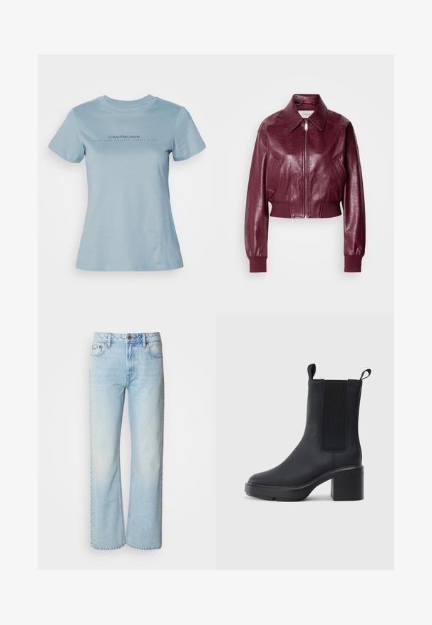 Calvin Klein Jeans CROPPED CRINKLE - Bomberjakke - deep rouge; Lyseblå bomuld t-shirt med rund hals, korte ærmer og sort tekst "Calvin Klein Jeans" med "ETABLERET NITTEEN HUNDREDE OG OTTE" nedenunder.; Lyseblå brede jeans lavet af denim med et klassisk fem-lomme design og en subtil falmet tekstur. Denim-syninger er synlige.; Sorte ankelstøvler i glat gummimateriale, med elastiske sidepaneler, blokhæle og trækskilt øverst for nem påtagning.