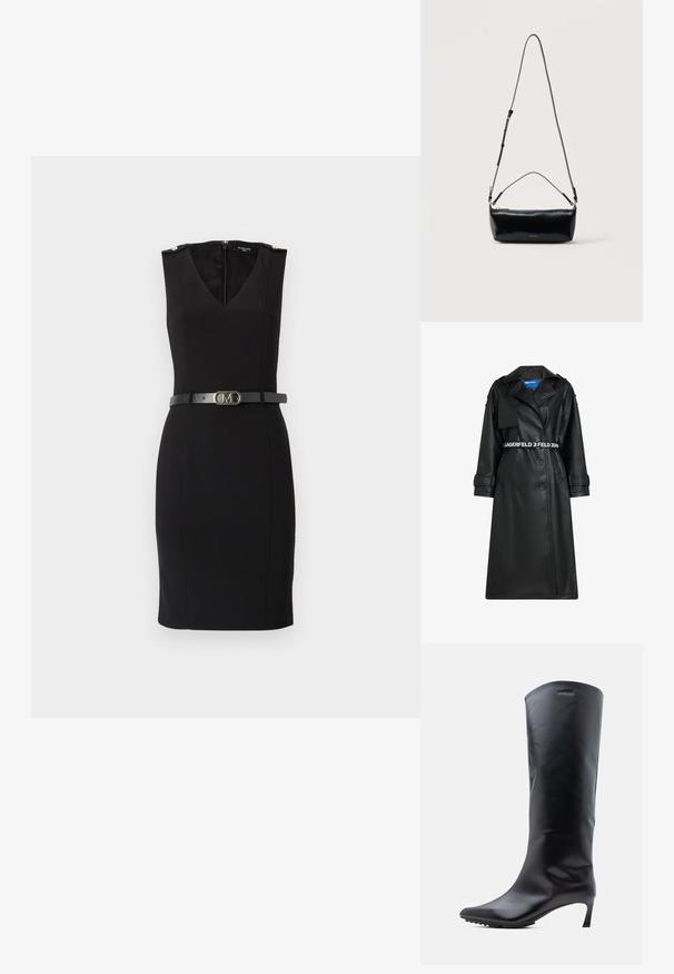 Zwarte faux leren jas met een dubbelbreasted ontwerp, een ceintuur in de taille, een oversized kraag en flapzakken. Bevat een logo op de tailleband en manchetten.; Zwarte aansluitende jurk met een V-hals, mouwloos ontwerp, voorzien van gouden schouderaccenten en een cinched zwarte riem met een metalen gesp.; Zwarte leren laars tot aan de knie met een puntige neus en een slanke, hoge hak. Gladde textuur met minimale hardware en een merklogo vlak bij de bovenkant.; Zwarte rechthoekige leren crossbodytas met verstelbare schouderriem, bovenrits en klein gouden Calvin Klein-logo aan de voorkant.