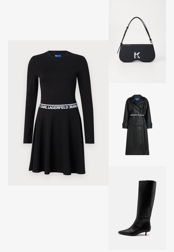 Abrigo de poliéster negro con diseño de doble botonadura, cintura ceñida con cinturón, cuello oversize y bolsillos de solapa. Presenta una banda elástica con el logo en la cintura y en los puños.; Vestido negro de manga larga hecho de tejido elástico, con un corsé ajustado, falda acampanada y cinturilla elástica blanca con logotipo.; Bota alta de cuero negro hasta la rodilla con puntera puntiaguda y tacón bajo tipo kitten sobre un fondo claro y liso.; Bolso negro con forma curva, material texturizado, logotipo plateado y una correa delgada. Cierre superior con cremallera y características de diseño minimalista.