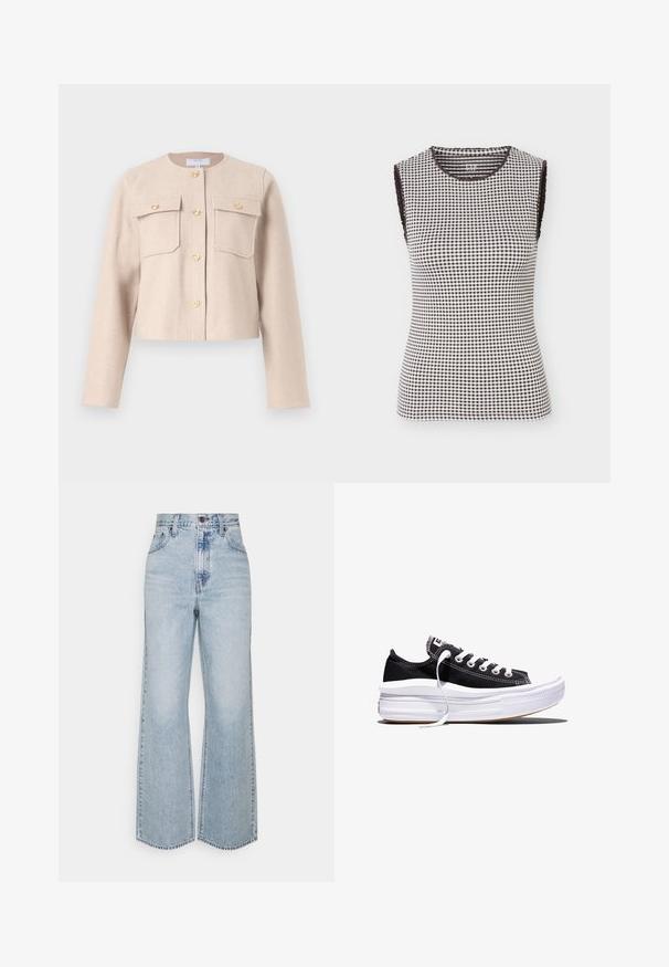 Veste beige raccourcie en tissu doux, avec des manches longues, des boutons dorés et deux poches poitrine. Col rond classique au design minimaliste.; Haut sans manches à carreaux noir et blanc avec encolure ronde et bordure noire aux emmanchures et au col, présenté sur un fond uni.; Jean large en denim bleu clair avec taille haute, design classique à cinq poches et couture contrastante. Détail de ourlet brut en bas.; Baskets basses en toile noire avec des lacets blancs et une semelle épaisse en caoutchouc blanc multi-couches sur fond blanc.