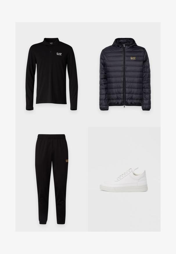 Doudoune noire avec capuche, dotée d'une fermeture éclair à l'avant et d'un design matelassé vertical. Logo doré EA7 sur la poitrine gauche. Texture lisse.; Polo-shirt à manches longues noir en coton, avec une patte de boutonnage à trois boutons et un logo brodé blanc sur le côté gauche de la poitrine.; Pantalons de survêtement noirs avec une taille élastique, des poignets ajustés et un petit logo jaune sur la cuisse gauche. Texture de tissu douce et lisse.; Baskets en cuir blanc avec un embout arrondi, une semelle plate et un laçage à l'avant. Présentent des détails de couture et un col rembourré pour plus de confort.