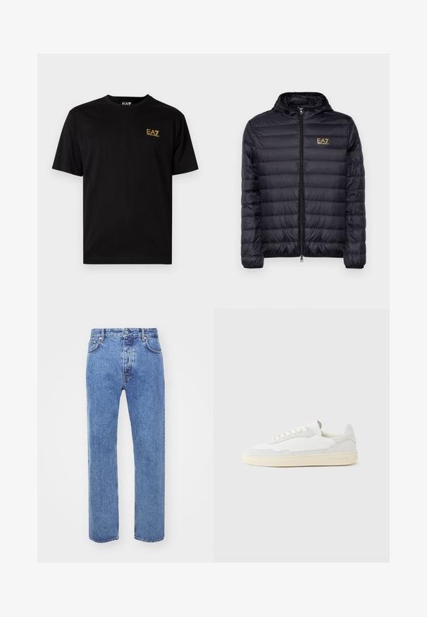 Doudoune noire avec capuche, dotée d'une fermeture éclair à l'avant et d'un design matelassé vertical. Logo doré EA7 sur la poitrine gauche. Texture lisse.; T-shirt en coton noir à manches courtes, avec un petit logo brodé jaune sur le côté gauche de la poitrine. Design classique à col rond.; Won Hundred STEVE - Jean boyfriend - cut blue; Baskets blanches avec dessus en daim et cuir texturé. Caractérisées par un bout arrondi, une fermeture à lacets et une semelle en caoutchouc beige contrastante.