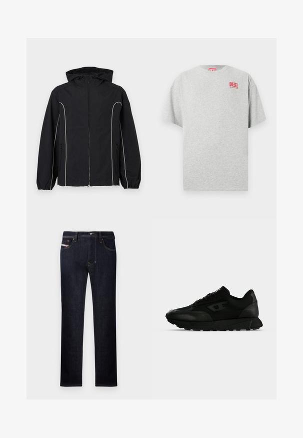 Schwarze Windjacke mit weißen Paspelierungen, durchgehendem Reißverschluss vorne, verstellbarer Kapuze, elastischen Bündchen und Seitentaschen. Glatte Stoffstruktur.; Graues Baumwoll-T-Shirt mit rundem Ausschnitt und kurzen Ärmeln. Mit einem kleinen roten "DIESEL"-Logo auf der Brust. Glatte Textur.; Dunkelblaue Jeans aus Denim im geraden Schnitt, mit fünf Taschen, einem Knopfverschluss und kontrastierenden Nähtelementen.; Schwarzer Low-Top-Sneaker mit strukturiertem Leder und Stoffpaneelen, Schnürverschluss und dicker Gummisohle auf einfachem hellem Hintergrund.