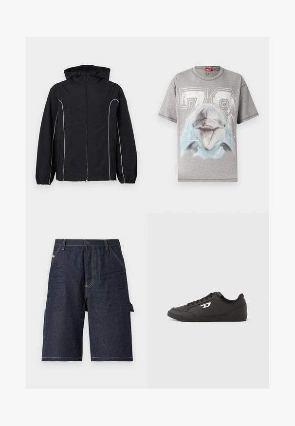 Veste coupe-vent noire avec passepoil blanc, fermeture éclair intégrale, capuche ajustable, poignets élastiques et poches latérales. Texture de tissu lisse.; T-shirt gris à manches courtes avec un grand imprimé blanc "78" et un graphisme détaillé d'une tête de dauphin souriante à l'avant.; Shorts en denim bleu foncé avec une coupe droite, cinq poches, des détails de couture jaune et une poche latérale pour une fonctionnalité supplémentaire.; Baskets synthétiques noires avec une semelle noire texturée, un bout rond et des lacets plats noirs. Logo blanc remarquablement placé sur le côté extérieur.