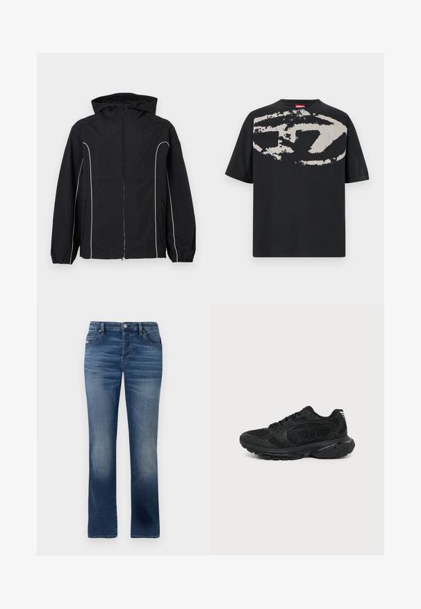 Sort vindjakke med hvid piping, hel lynlås foran, justerbar hætte, elastiske manchetter og sidelommer. Glat stofstruktur.; Sort t-shirt med et stort, abstrakt lys grå grafik foran. Korte ærmer og en klassisk rund halsudskæring. Materialet er bomuld.; Mørkeblå denimbukser med lige ben-design, der har frontlommer, diskret falming og en klassisk knaplukning i taljen.; Sort atletiksko med mesh-overdel, polstret krave, tyk pude sål og snørelukning vist i sideprofil mod hvid baggrund.