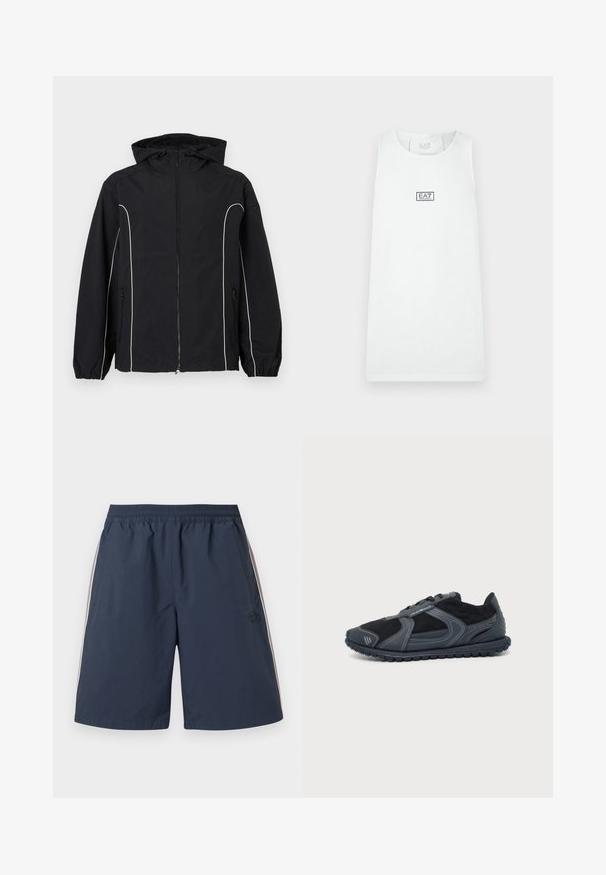 Veste coupe-vent noire avec passepoil blanc, fermeture éclair intégrale, capuche ajustable, poignets élastiques et poches latérales. Texture de tissu lisse.; Haut de sport blanc sans manches avec col rond, logo EA7 Emporio Armani centré sur la poitrine sur un fond uni.; Shorts de sport bleu marine avec taille élastique, poches latérales et fines rayures blanches le long des côtés extérieurs.; Baskets basses noires et grises avec semelle texturée et logo sur le côté, présentées de la face extérieure sur un fond blanc uni.