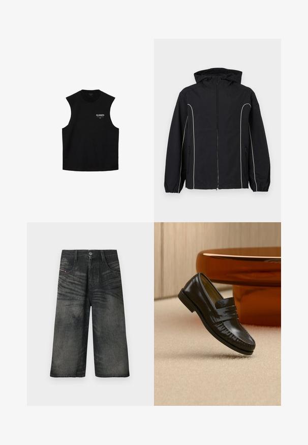 Schwarze Windjacke mit weißen Paspelierungen, durchgehendem Reißverschluss vorne, verstellbarer Kapuze, elastischen Bündchen und Seitentaschen. Glatte Stoffstruktur.; Schwarzes, ärmelloses Top mit Rundhalsausschnitt und "ALLSAINTS"-Logo sowie kleinem weißen Text auf der linken Brust.; Schwarze Denim-Shorts mit weitem Bein, vorne mit Knöpfen, Reißverschluss, Gürtelschlaufen und verblassten Designdetails.; Glänzender schwarzer Leder-Loafer mit einem Riemendetail, auf einem beigen Teppich neben einem runden braunen Couchtisch in einem sanft beleuchteten Raum platziert.