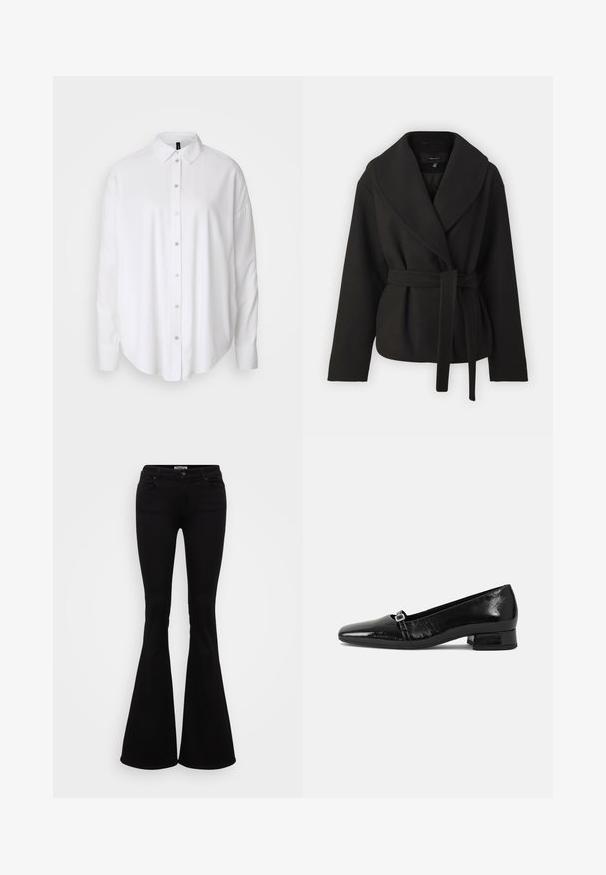 Vero Moda Tall VMANNE BERGEN JACKET - Välikausitakki - black; Valkoinen pitkähihainen napillinen paita, jossa on klassinen kaulus, pehmeä kangas ja pyöristetty helma. Ominaisuuksina näkyvä nappilista ja hihansuiden yksityiskohdat.; Mustat levenevät farkut, jotka on valmistettu joustavasta denimestä. Niissä on kapea vyötärö, etu- ja takataskut sekä napitus vyötäröllä.; Musta patenttinahelska ballerinat, joissa on terävä kärki, matala neliön muotoinen korko ja pieni metallinen solki yksityiskohtana vyössä. Sujuva rakenne.